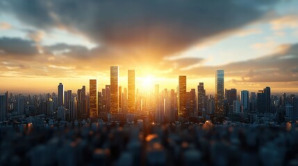 Fototapeta premium Futuristic cityscape featuring a stunning skyline of towering skyscrapers with shimmering glass and steel facades against a dramatic sky at sunset or sunrise
