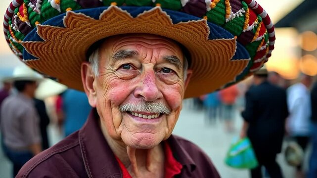 An elderly Mexican man in a colorful sombrero on the street. Cinco de Mayo Festival. He looks at the camera and smiles, a close-up portrait. Generative 4k video.