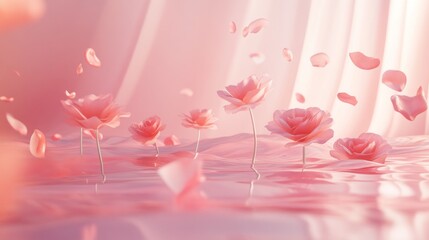 Pink roses floating, petals falling, soft light, dreamy background; product backdrop