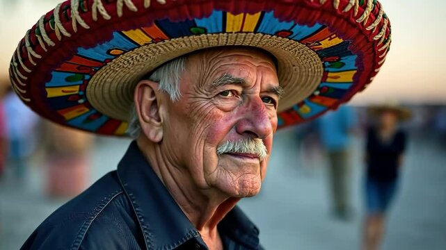 An elderly Mexican man in a colorful sombrero on the street. Cinco de Mayo Festival. He looks at the camera and smiles, a close-up portrait. Generative 4k video.