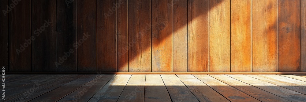 Poster natural light creates patterns on wooden walls and floor in a quiet interior space during the day. g