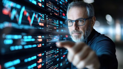Futuristic businessman surrounded by holographic financial graphs charts and data displays analyzing and monitoring market trends and investment strategies using advanced digital technology