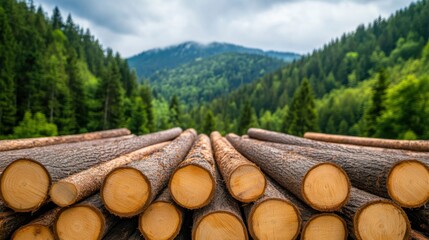 Freshly felled timber logs and lumber stacked in a large forest clearing surrounded by lush green trees and rolling mountains in the distance