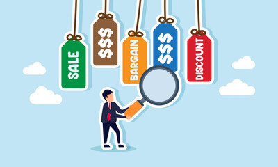 Businessman holds a magnifying glass inspecting Sale, Discount, Bargain labels, and hanging dollar signs, illustration of analyzing to select and choose a business vendor partner