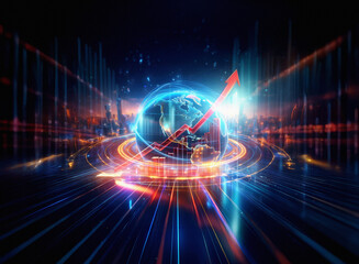 Obraz premium A vibrant double exposure image depicts a glowing Earth encircled by a rising red arrow, set against a futuristic cityscape backdrop of streaks of light. The scene evokes themes of global growth and 