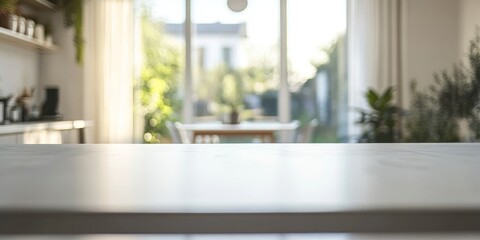 Bright Kitchen Interior with Sunny View and Empty Tabletop