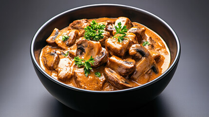 delicious bowl of creamy stroganoff featuring tender meat and mushrooms, garnished with fresh parsley, perfect for comforting meal
