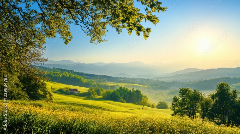 Poster scenic landscape view of rolling hills and meadows under a bright morning sky. generative ai