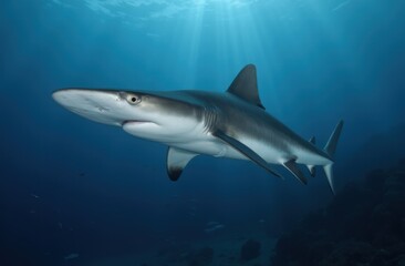 Fototapeta premium Ocean shark bottom view from below. Open toothy dangerous mouth with many teeth. Underwater blue sea waves clear water shark swims