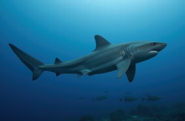 Fototapeta premium Ocean shark bottom view from below. Open toothy dangerous mouth with many teeth. Underwater blue sea waves clear water shark swims