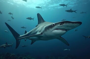 Fototapeta premium A large hammerhead shark with its unique, flat hammer-shaped head, broad eyes on each end, and a streamlined, grayish-blue body