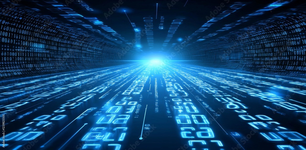 Poster dark digital background with computer code and data flowing light