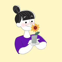 Happy Woman Holding a Sunflower Plant Pot Illustration