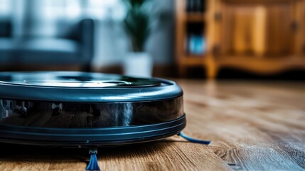 Obraz premium A robotic vacuum cleaner on a wooden floor in a modern living space.