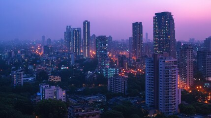Naklejka premium Cityscape twilight aerial view, urban skyline, India, night lights, cityscape panorama