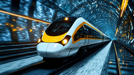 Fototapeta premium high speed rail train traveling through futuristic tunnel, showcasing sleek design and vibrant lighting. motion conveys speed and innovation