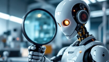 Advanced humanoid robot analyzing with magnifying glass in futuristic laboratory