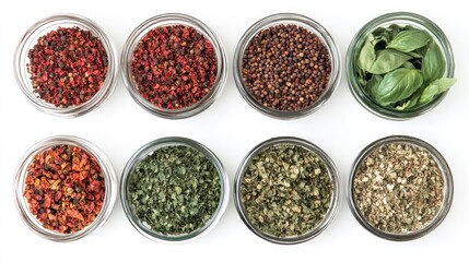 Dried herbs and spices in glass bowls, overhead shot, white background, culinary use