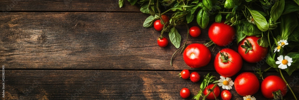 Poster freshly picked red tomatoes and vibrant basil leaves on wooden table with daisies in a rustic kitche