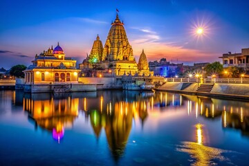 Golden Temple Reflection: A breathtaking view of a grand temple, illuminated at twilight, its golden facade reflected perfectly in a calm, tranquil lake.