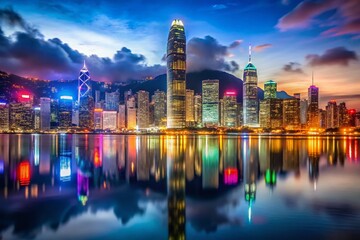 Night View of Hong Kong City Skyline with Bokeh Effect