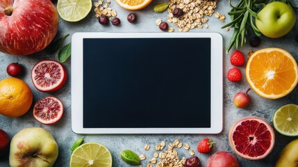 Tablet surrounded by fresh fruit and oats. Perfect for healthy eating, diet, or recipe websites.