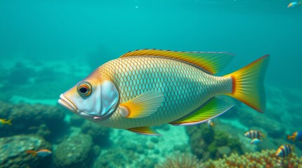 Fototapeta premium Vibrant Golden Yellow Tropical Fish in a Crystal-Clear Coral Reef