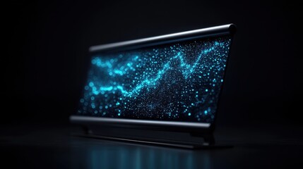 Futuristic holographic roll up banner showcasing dynamic luminous data visualization with a sleek modern and high tech aesthetic  The abstract simulated display of digital particles waves