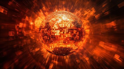Fiery disco ball spinning, club, energy, motion blur, party background, event promotion