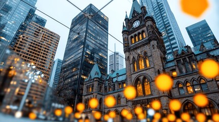 Obraz premium Urban scene featuring historic architecture amidst modern skyscrapers and decorative lights.