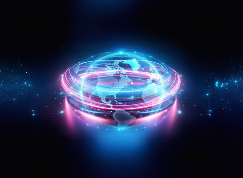 A mesmerizing double exposure image of a glowing Earth encircled by vibrant neon rings.  The effect creates a futuristic, ethereal feel, suggesting global connectivity and technological advancement. - Powered by Adobe