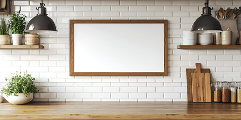 Empty Frame Kitchen Mockup: A clean, modern kitchen with a blank canvas - a wooden framed picture hanging above a sleek wooden countertop, against a backdrop of white subway tiles.