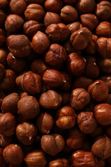 Pile of ripe hazelnuts without shell, close-up view