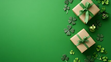 Two gift boxes with green ribbons and shamrocks on green background.