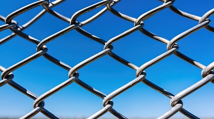 Fototapeta premium Close-up of a chain-link fence against a clear blue sky.