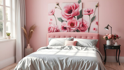 Grey sheets on pink bed in feminine bedroom interior with flowerss print on the wall. Real photo, collage style. isolated with white shades