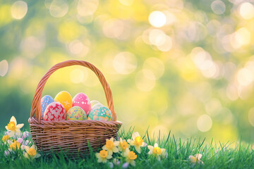 easter eggs in a basket spring background