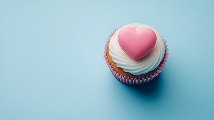 Cupcake with Pink Heart: A single, delightful cupcake topped with a delicate pink heart-shaped decoration sits on a pastel blue background. Perfect for Valentine's Day, birthdays.