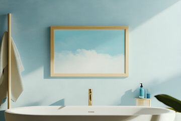 Serene Bathroom Haven: A calming bathroom interior features a freestanding bathtub, a light blue wall, and a framed artwork depicting a serene sky. Sunlight streams in, creating a tranquil atmosphere.