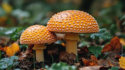 Fototapeta premium Autumnal Mushroom Majesty: A Pair of Golden Mushrooms Amidst Fallen Leaves