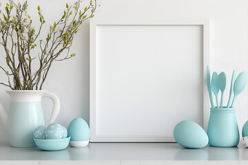 Easter Mockup with Blue Accents: A crisp, minimalist mockup features a white frame with a blank canvas, flanked by Easter eggs in delicate pastel blue, a vase with a blooming branch.