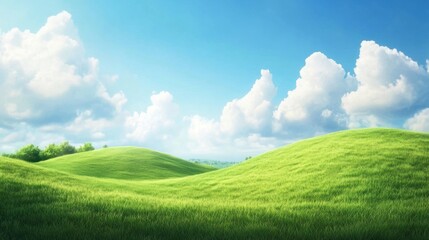 Naklejka premium Sunny day, rolling green hills, lush meadow, blue sky, clouds, idyllic landscape, nature, serenity, pastoral scene, website banner
