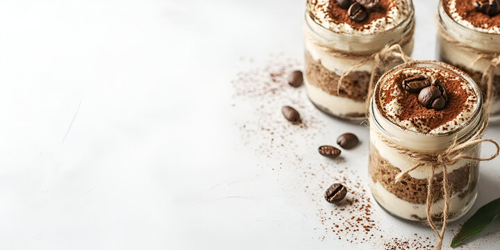 Layered Tiramisu in Jars: Three elegant glass jars filled with a classic tiramisu dessert, layered with creamy mascarpone and coffee-soaked ladyfingers, topped with cocoa powder and coffee beans. - Powered by Adobe