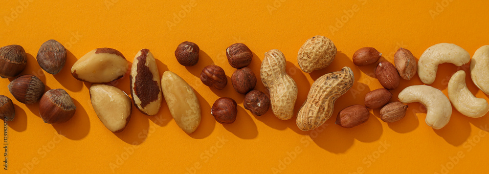 Wall mural Assortment of different nuts on an orange background