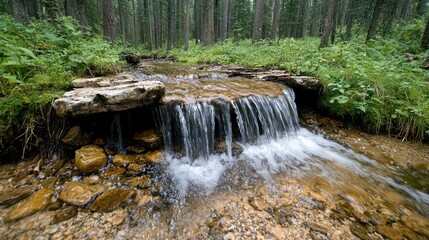 A serene forest scene featuring a small waterfall flowing over rocks in a lush green setting.