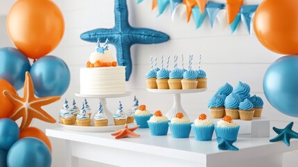 Nautical themed birthday party dessert table, indoor studio