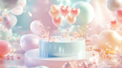 Pastel heart balloons float above spring flowers on a pedestal; dreamy background, perfect for Valentine's Day