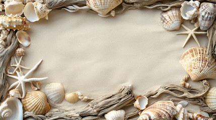 Obraz premium Seashell Frame: A rustic and elegant border crafted from driftwood and seashells, creating a perfect frame for your beach-themed designs.
