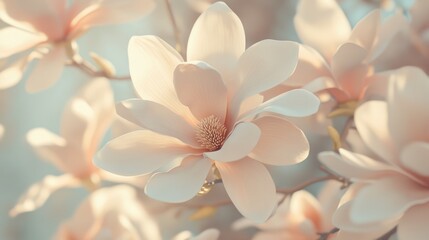 Fototapeta premium A magnolia tree with large, blooming flowers, isolated from background, focusing on the vibrant petals