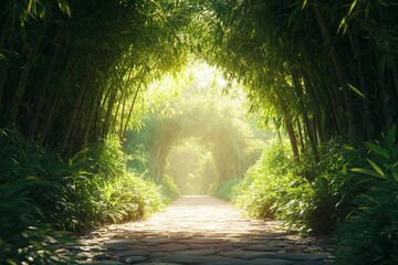 Sunlit bamboo path, garden, peaceful, nature, tranquility, meditation, background
